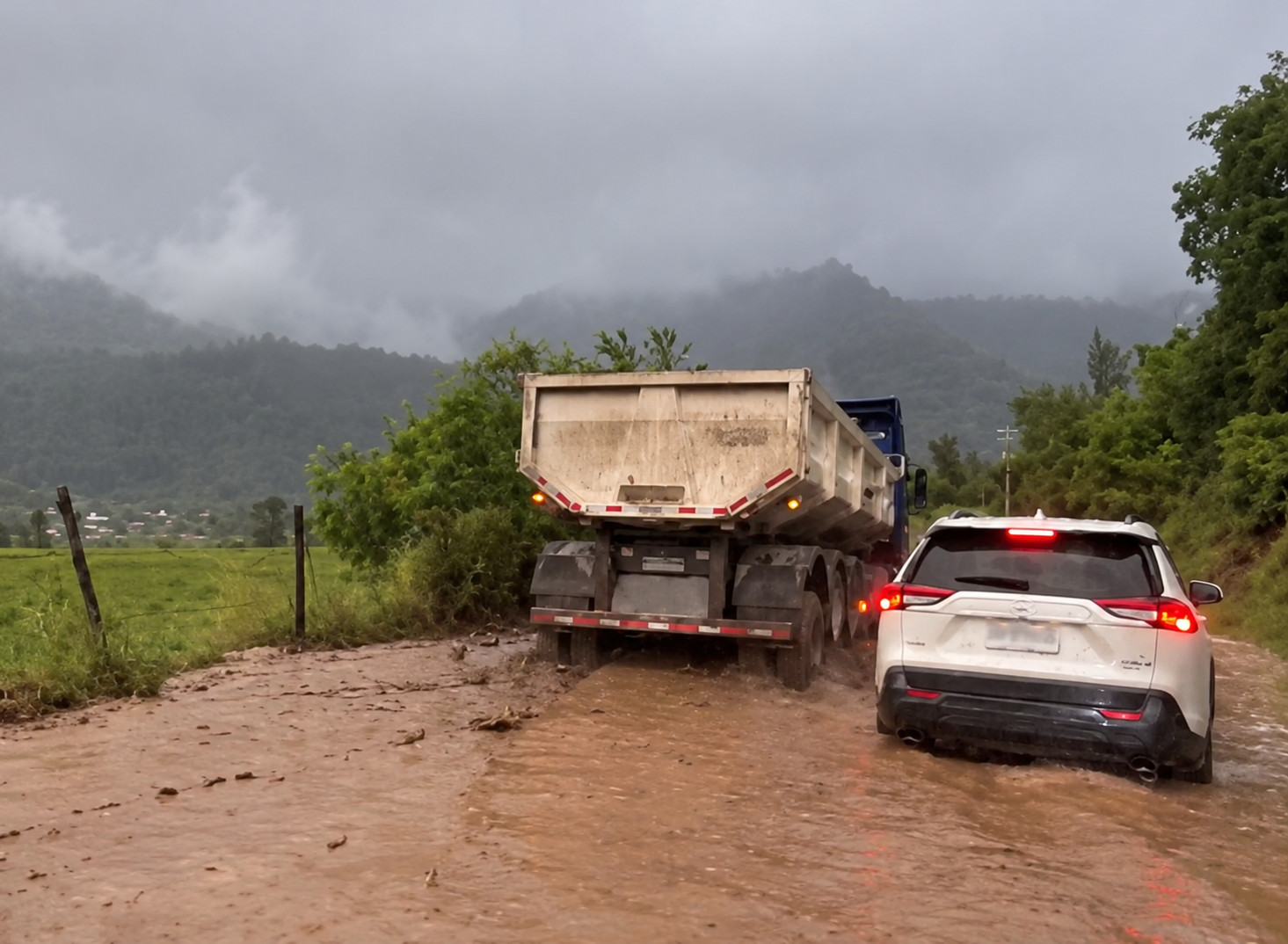 Camión volquete y SUV en camino lodoso 2