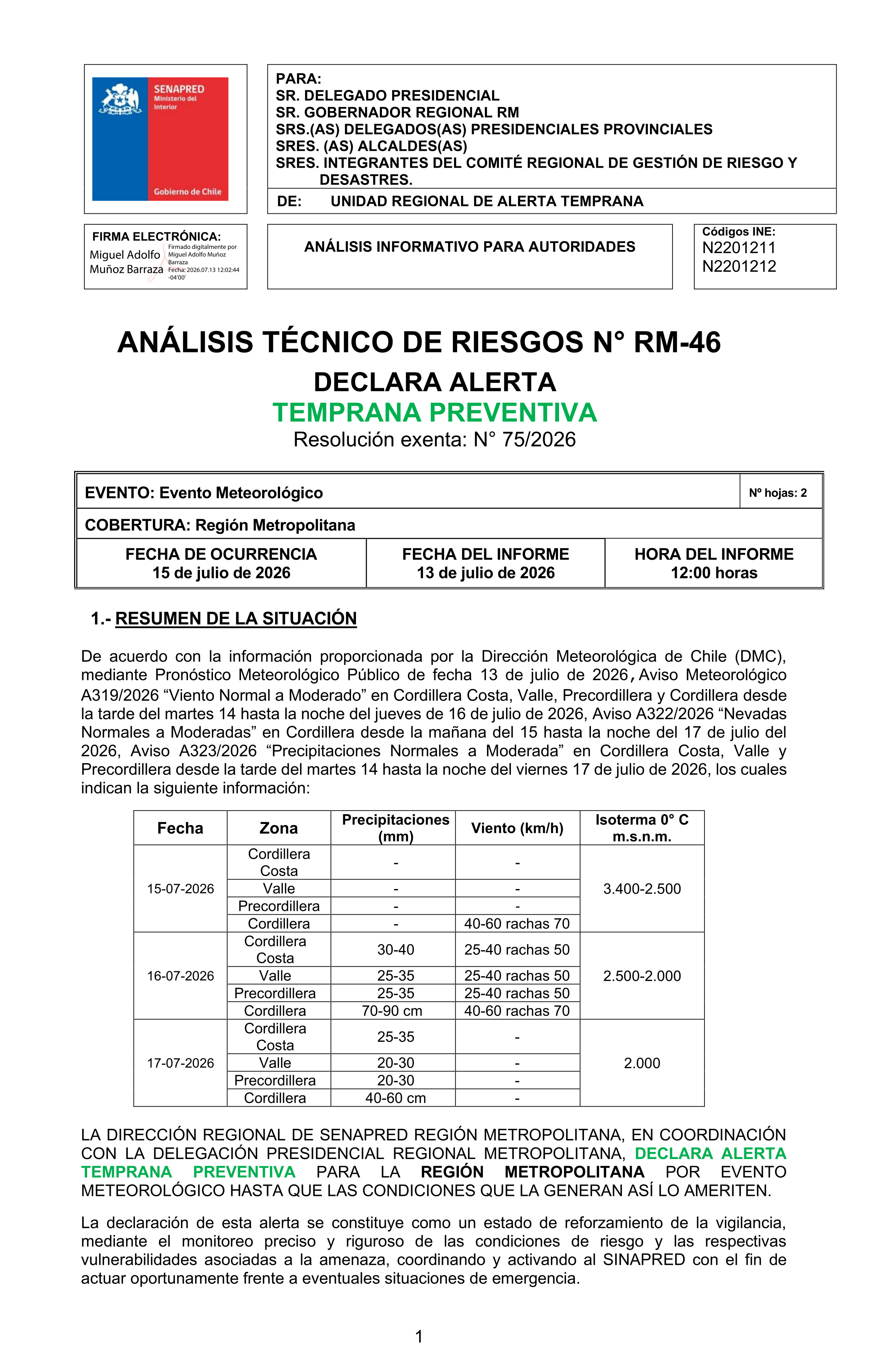 Declara Alerta Temprana Regional por Evento Meteorológico 13 07 2026