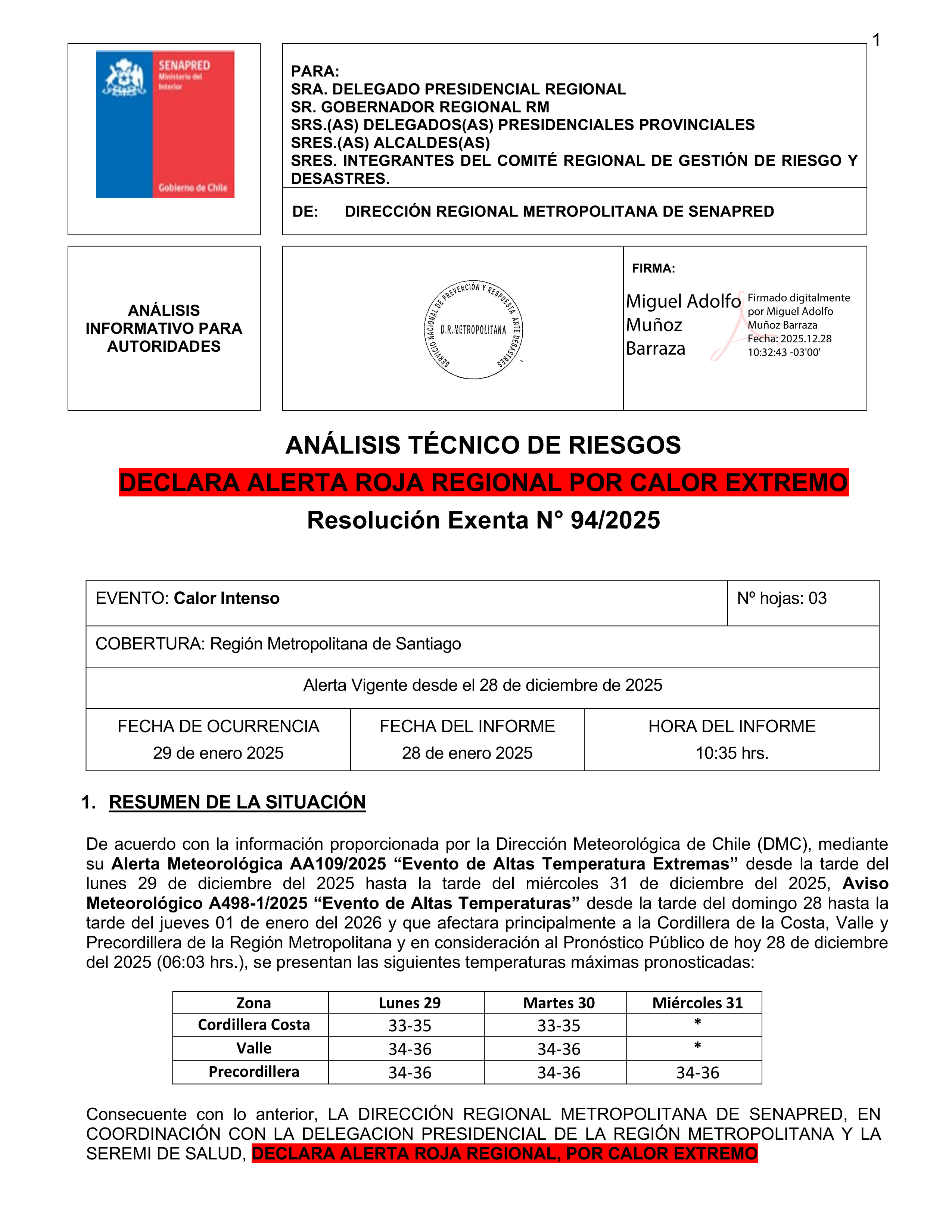 DECLARA ALERTA ROJA REGIONAL POR CALOR EXTREMO 28 12 2025 01